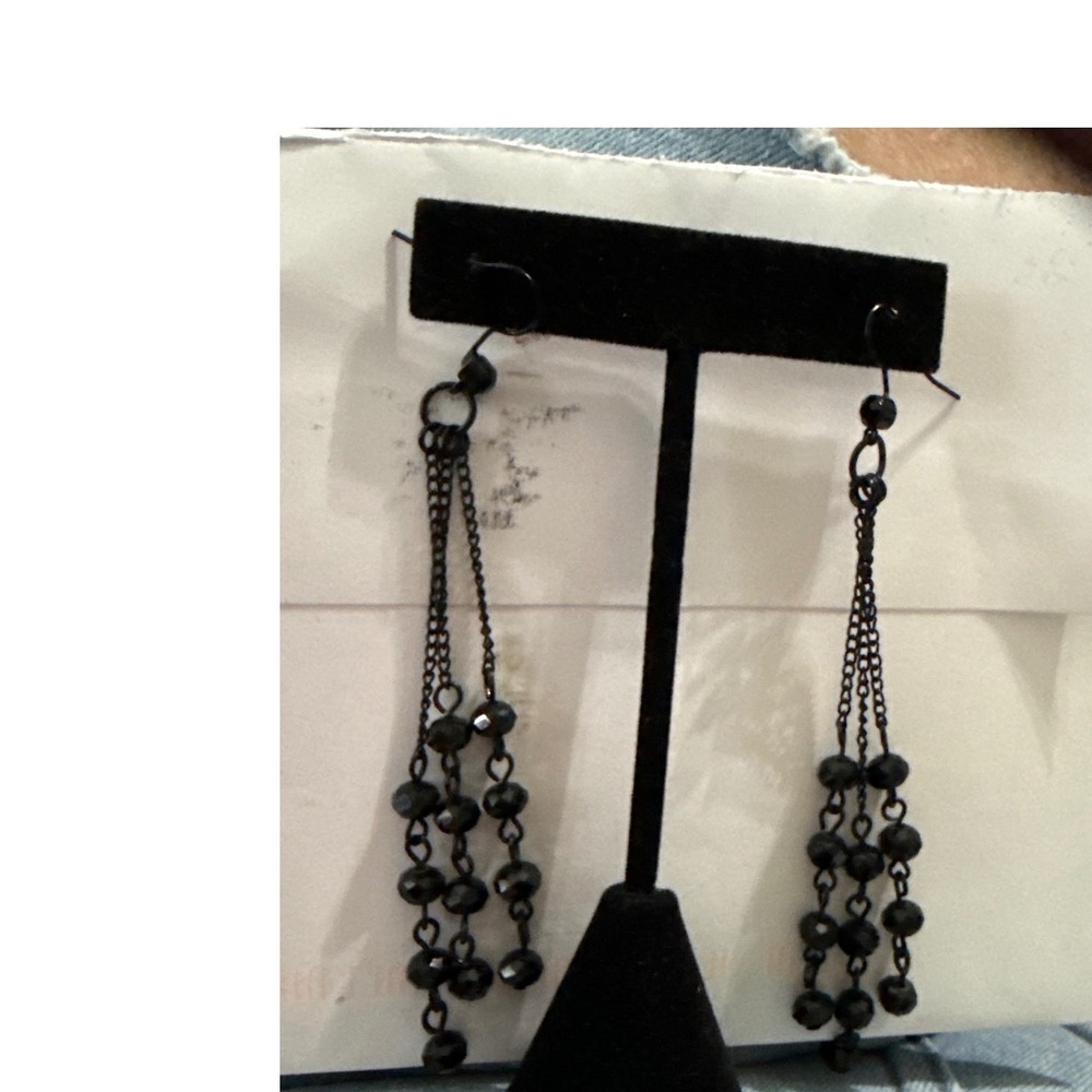 Black Beaded Tiered Chandelier Dangle Earrings Triple Chain Fishhook Gothic